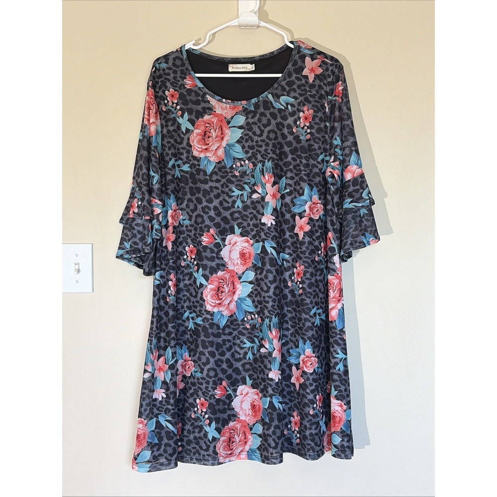 Southern Stitch Animal Print Floral Mesh Overlay Tiered Flare Sleeve Mini Dress